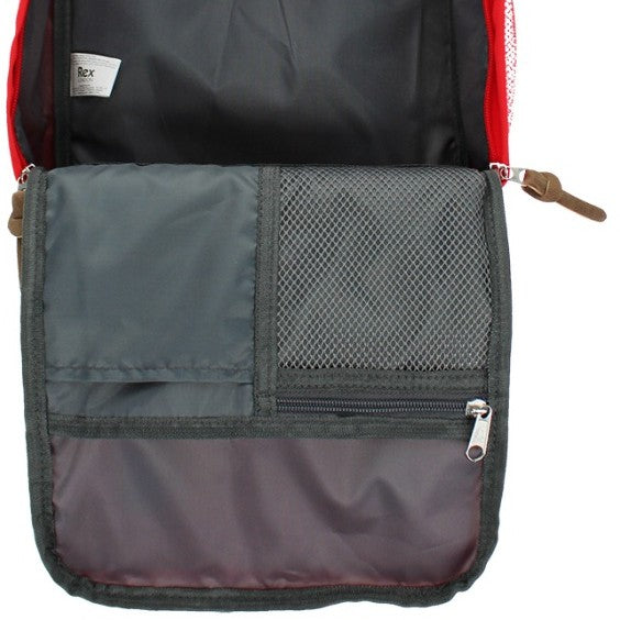 Stylish daily rucksacks with roomy main compartment and double zip, available in Red, Pink, or Blue.