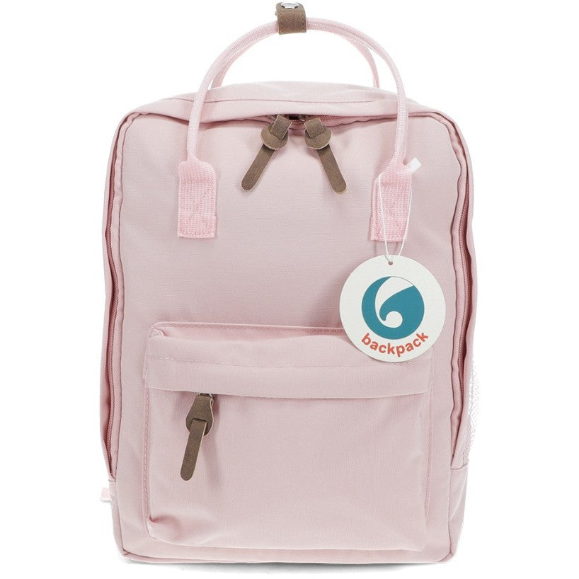 Stylish daily rucksacks with roomy main compartment and double zip, available in Red, Pink, or Blue.