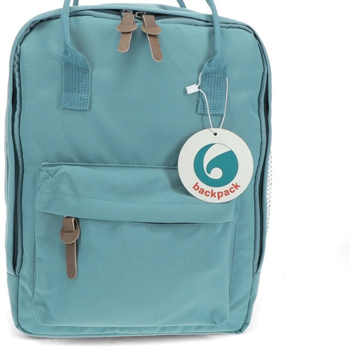 Stylish daily rucksacks with roomy main compartment and double zip, available in Red, Pink, or Blue.