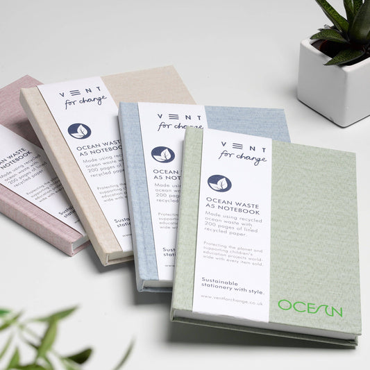 A5 notebook with hardback cover made from recycled ocean plastic and 200 pages of recycled lined paper