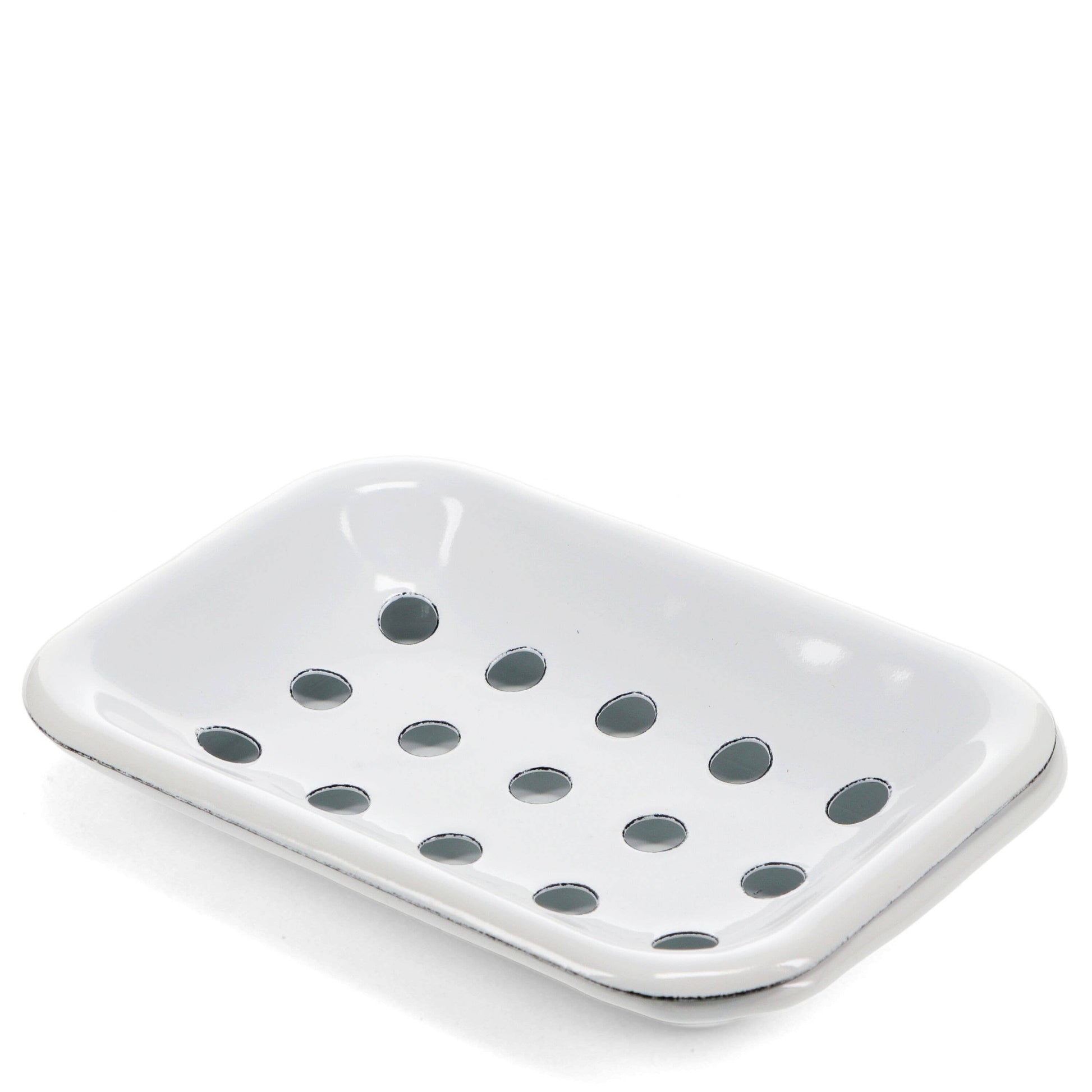 White retro enamel soap dish with black distressed edges, drainage holes and drip tray