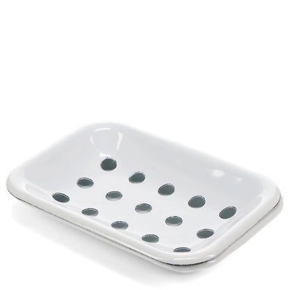 White retro enamel soap dish with black distressed edges, drainage holes and drip tray