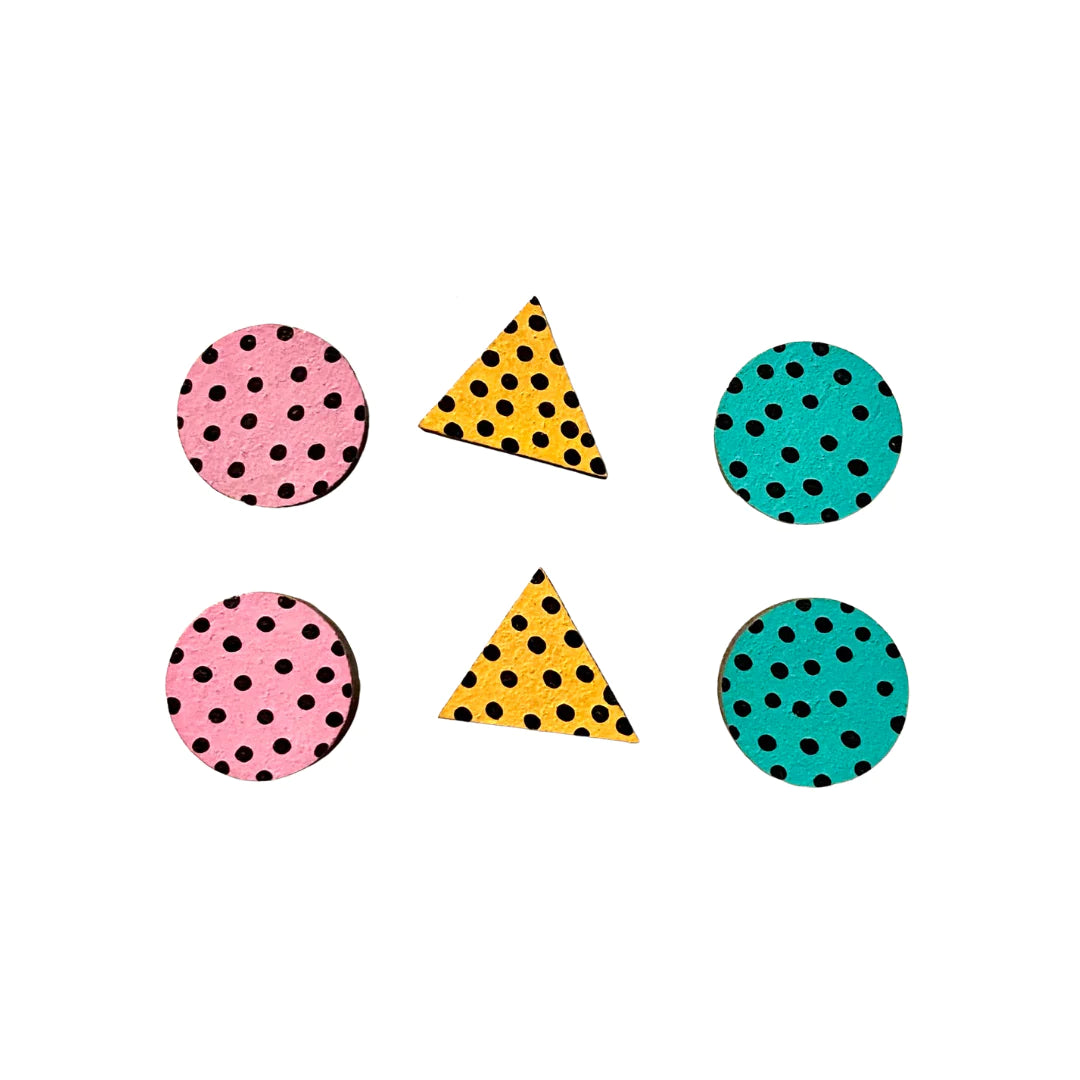 Bright 80s style Handpainted Wooden Mini Stud Earrings Set of 3