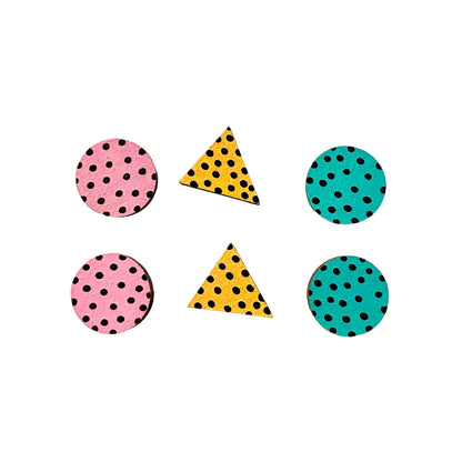 Bright 80s style Handpainted Wooden Mini Stud Earrings Set of 3