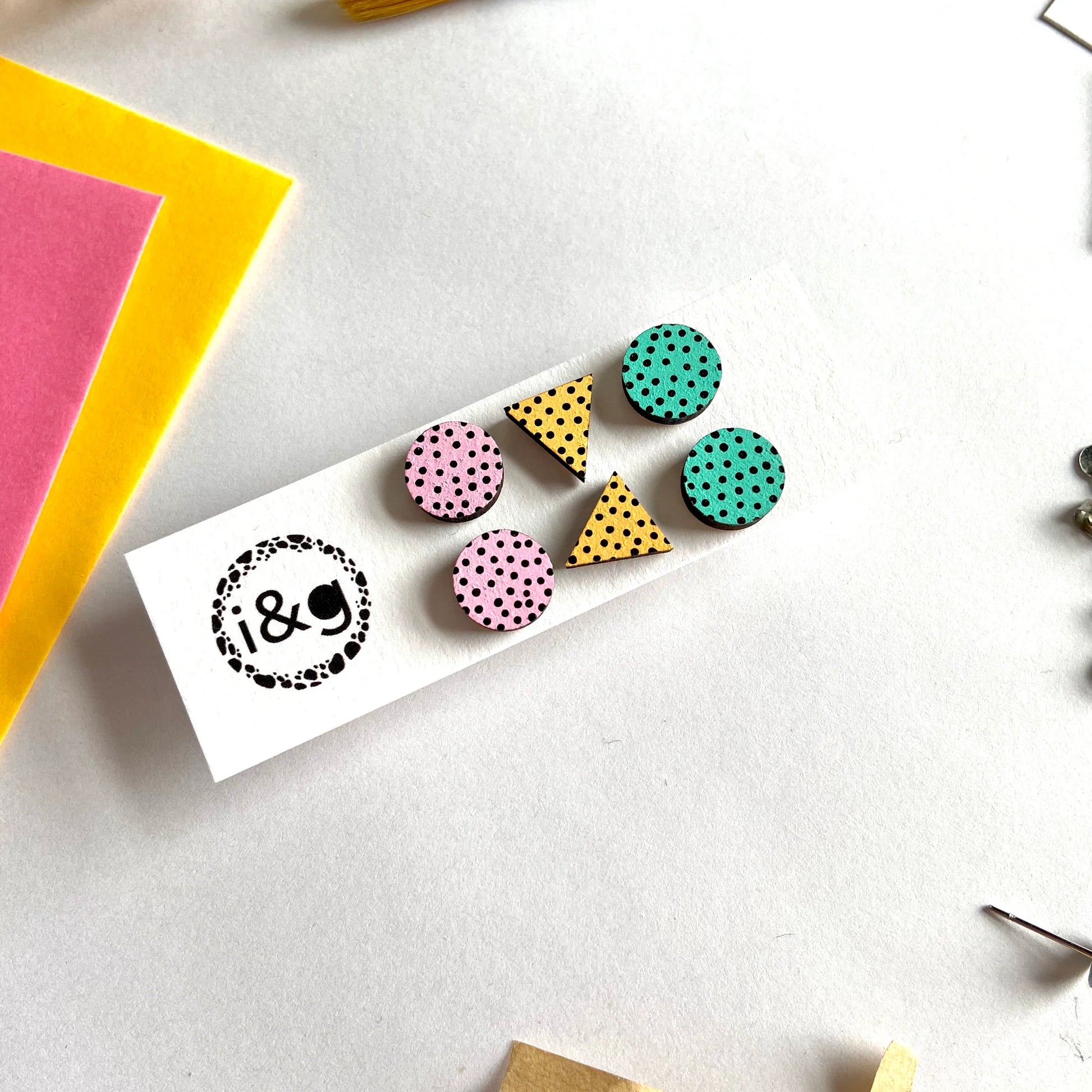 Bright 80s style Handpainted Wooden Mini Stud Earrings Set of 3