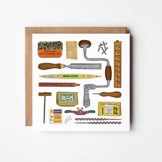 Square card with illustrated vintage woodworking tools and hardware by Design Smith, printed on 350gsm matt card