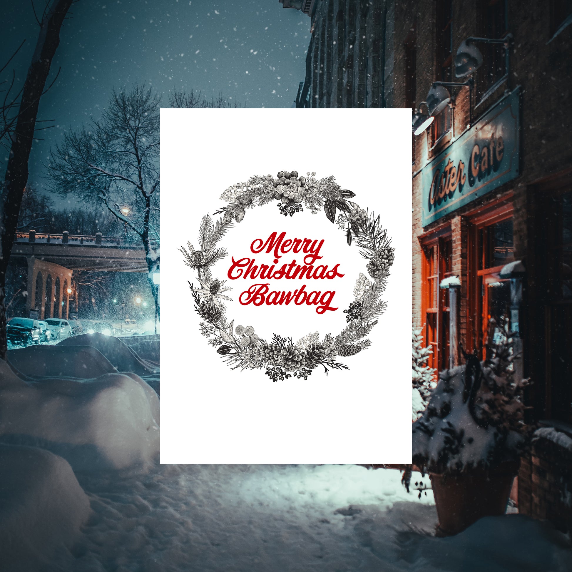 A vertically folded greeting card with the Scottish phrase "Merry Christmas Bawbag" in a humorous, hand-designed style.