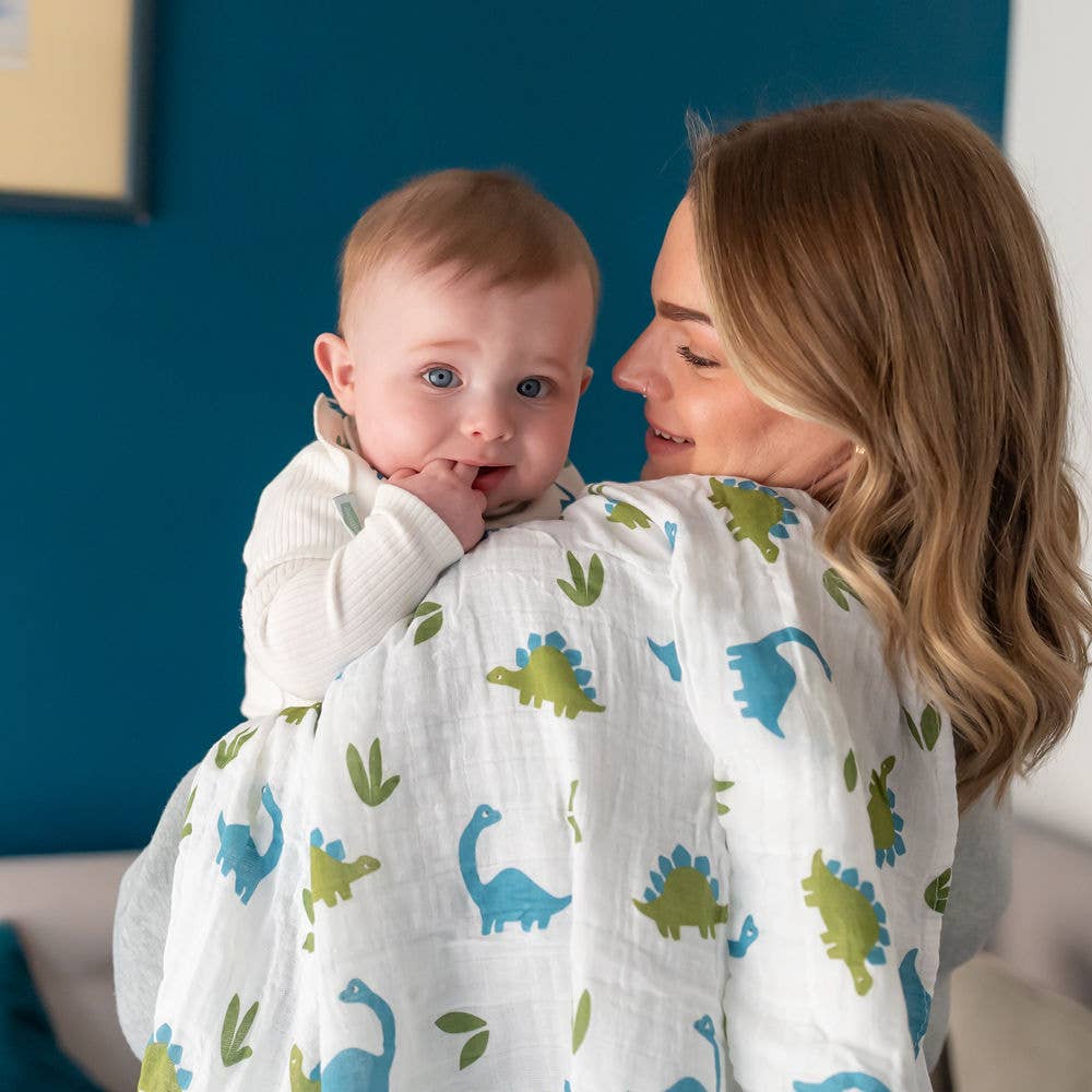 Woman holding a baby wrapped in a dinosaur-patterned Ziggle swaddle