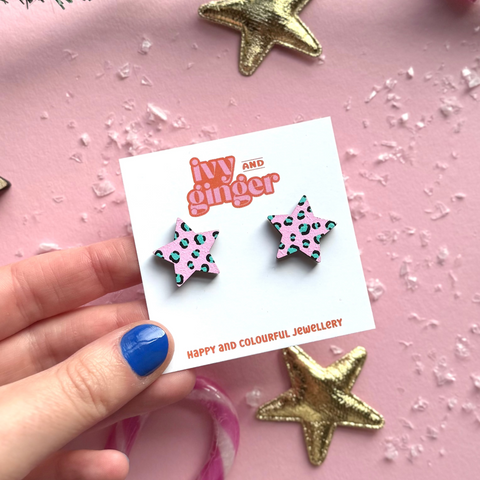 PINK + TEAL LEOPARD PRINT STAR STUDS