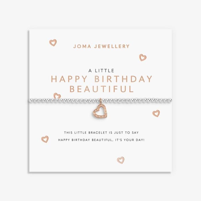 Silver-plated stretch beaded bracelet with rose gold and sparkle heart shaped charm. Presented on a card saying HAPPY BIRTHDAY BEAUTIFUL with sweet poem