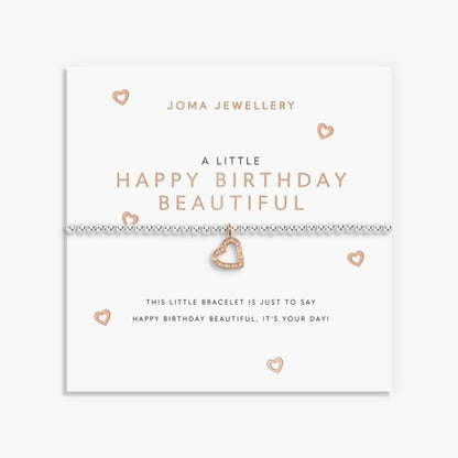 Silver-plated stretch beaded bracelet with rose gold and sparkle heart shaped charm. Presented on a card saying HAPPY BIRTHDAY BEAUTIFUL with sweet poem