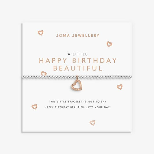 Silver-plated stretch beaded bracelet with rose gold and sparkle heart shaped charm. Presented on a card saying HAPPY BIRTHDAY BEAUTIFUL with sweet poem