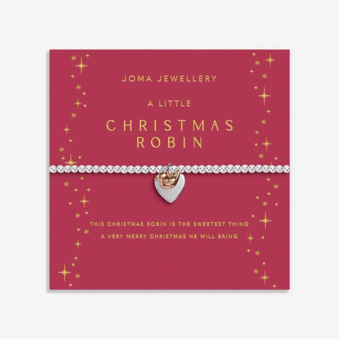 Joma Jewellery silver-plated stretch beaded bracelet with heart and robin shaped charm on a red card saying CHRISTMAS ROBIN