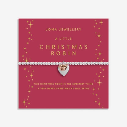 Joma Jewellery silver-plated stretch beaded bracelet with heart and robin shaped charm on a red card saying CHRISTMAS ROBIN