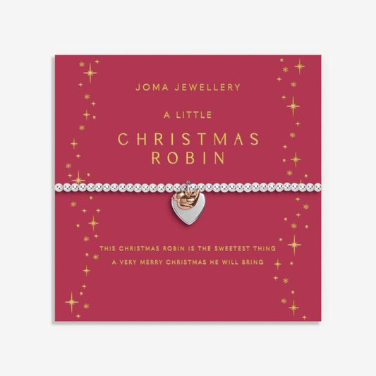 Joma Jewellery silver-plated stretch beaded bracelet with heart and robin shaped charm on a red card saying CHRISTMAS ROBIN