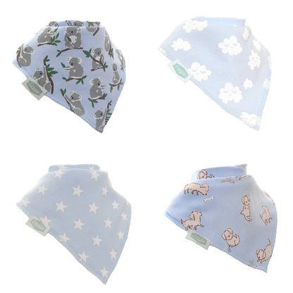 Set of four blue baby bandana bibs with cotton top layer and fleece backing