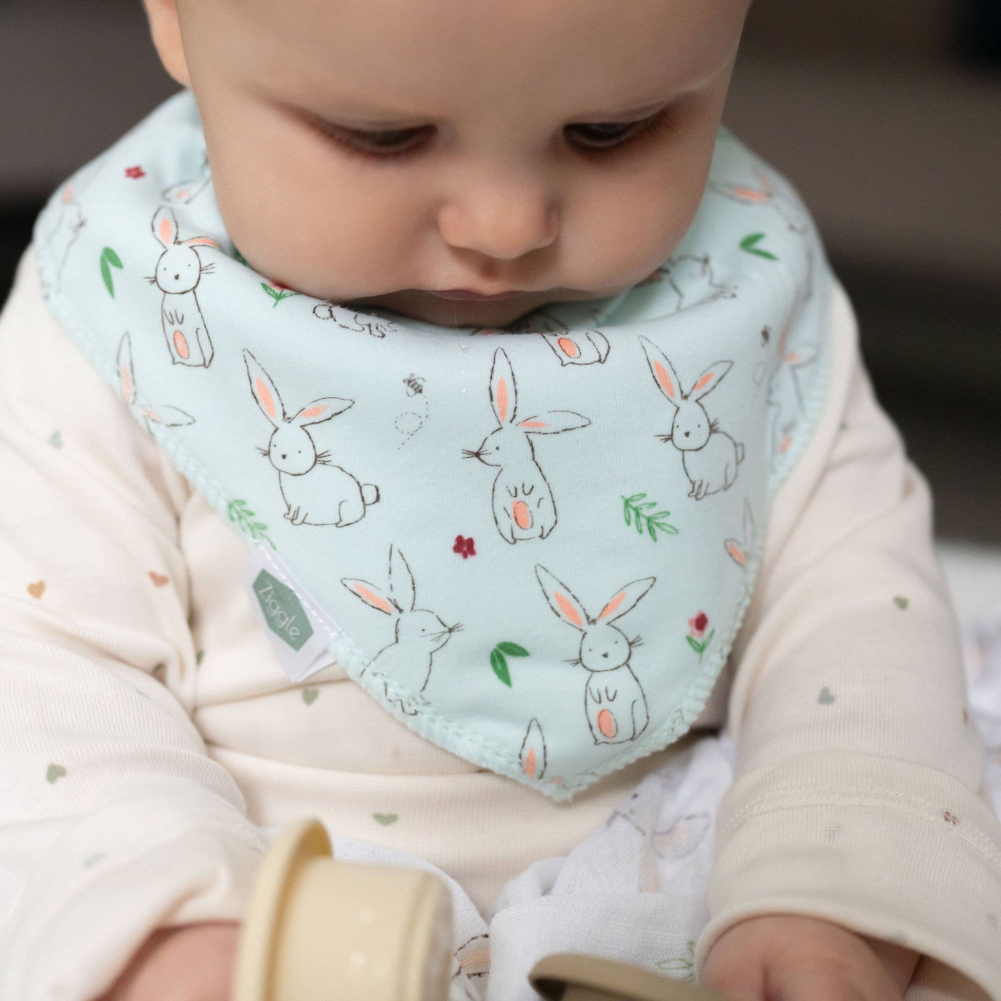 Baby wearing a bib with bunny pattern