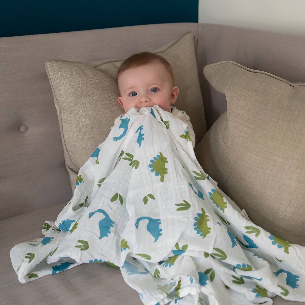 Baby wrapped in a dinosaur-patterned Ziggle swaddle on a couch