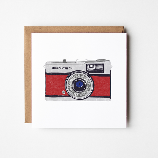 Square card with a quirky vintage camera illustration by Design Smith, printed on matt 350gsm card