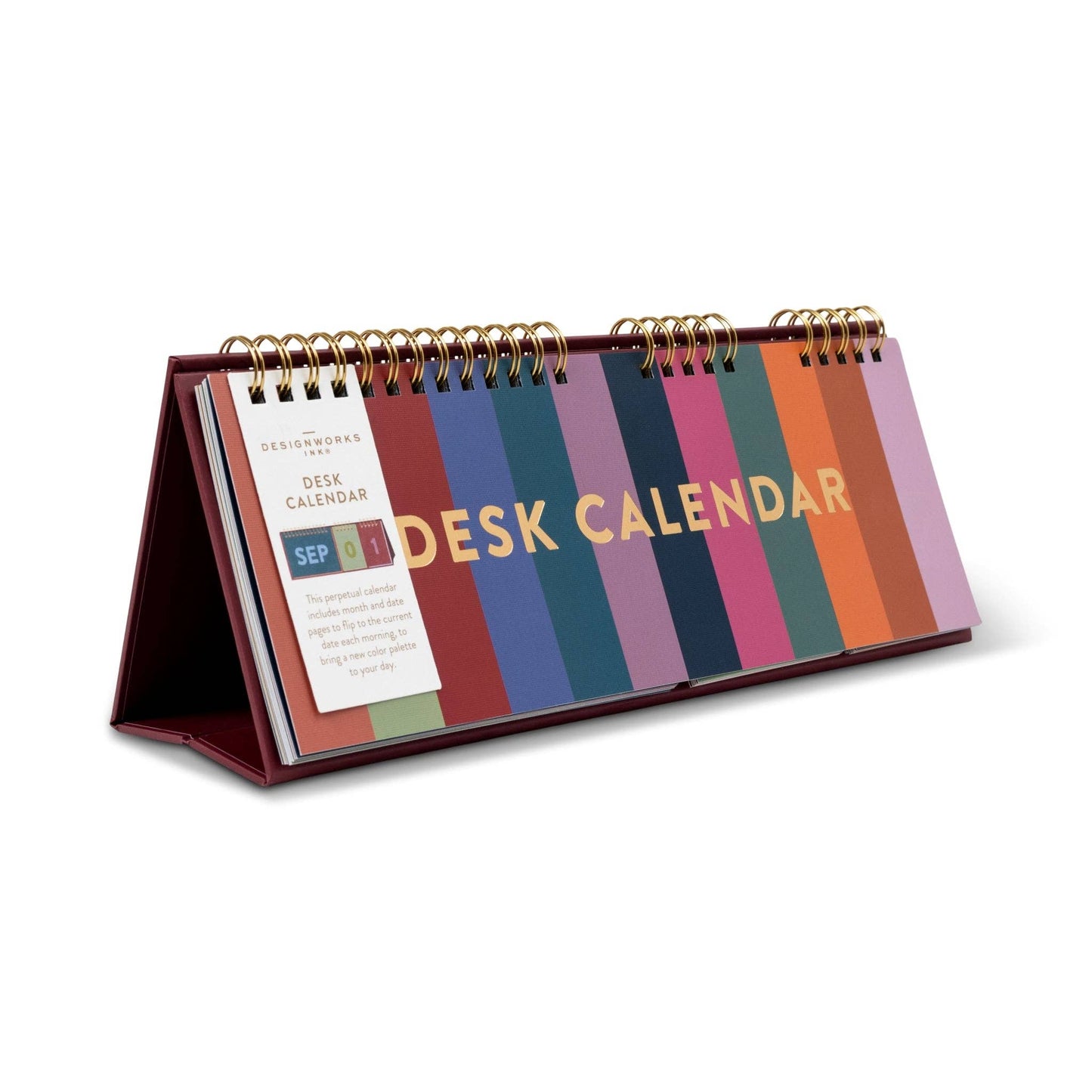 Designworks Ink Colourblock perpetual desk calendar with bold coloured pages and a freestanding A-frame design