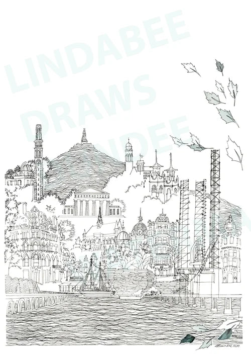 A Portrait of Dundee black and white art print by Lindabee Draws Dundee featuring the city's iconic landmarks and The Law