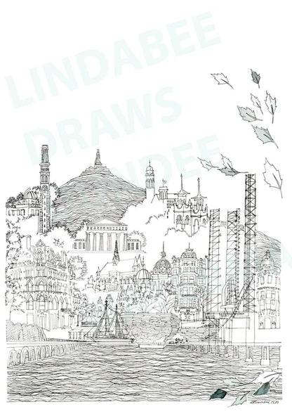 A Portrait of Dundee black and white art print by Lindabee Draws Dundee featuring the city's iconic landmarks and The Law