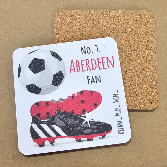 A square coaster with a cork base, featuring a football design with the text 'NO. 1 ABERDEEN FAN' and an image of a soccer ball and cleats.