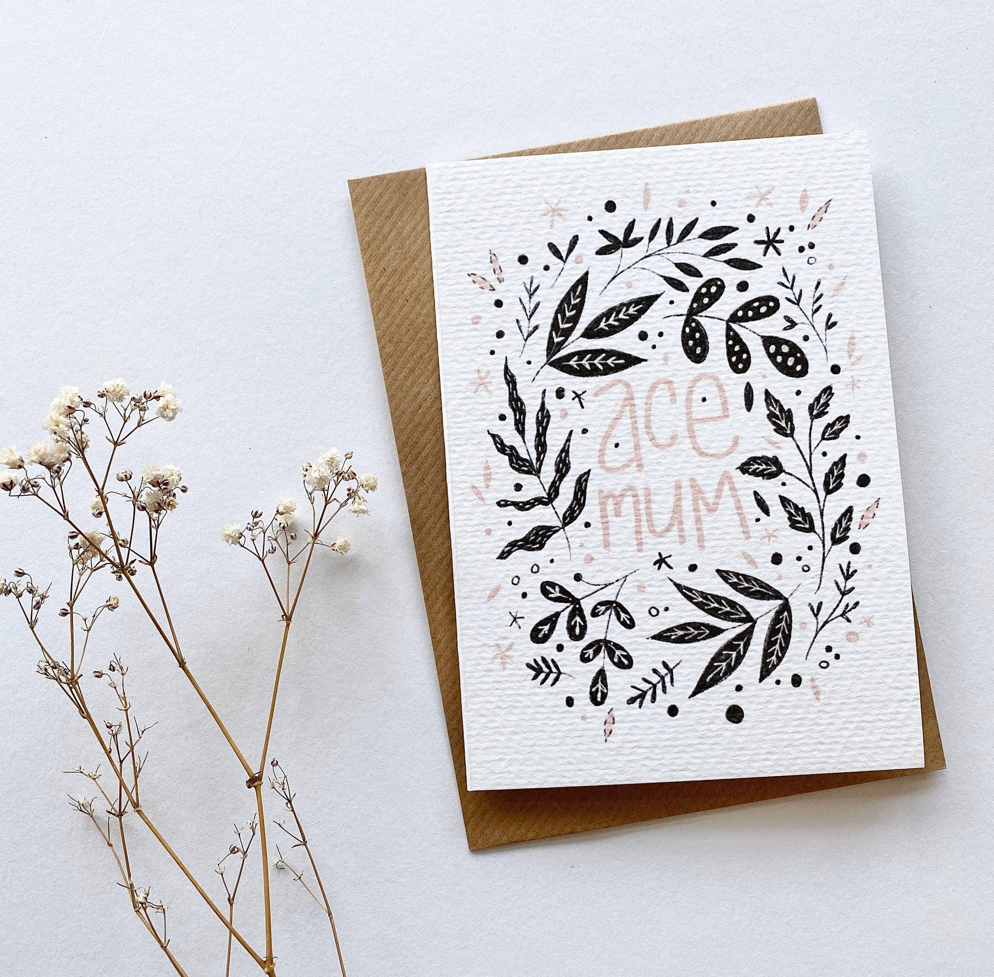 Ace Mum A6 black, white and pink illustrated Mother’s Day greeting card on textured 300gsm stock