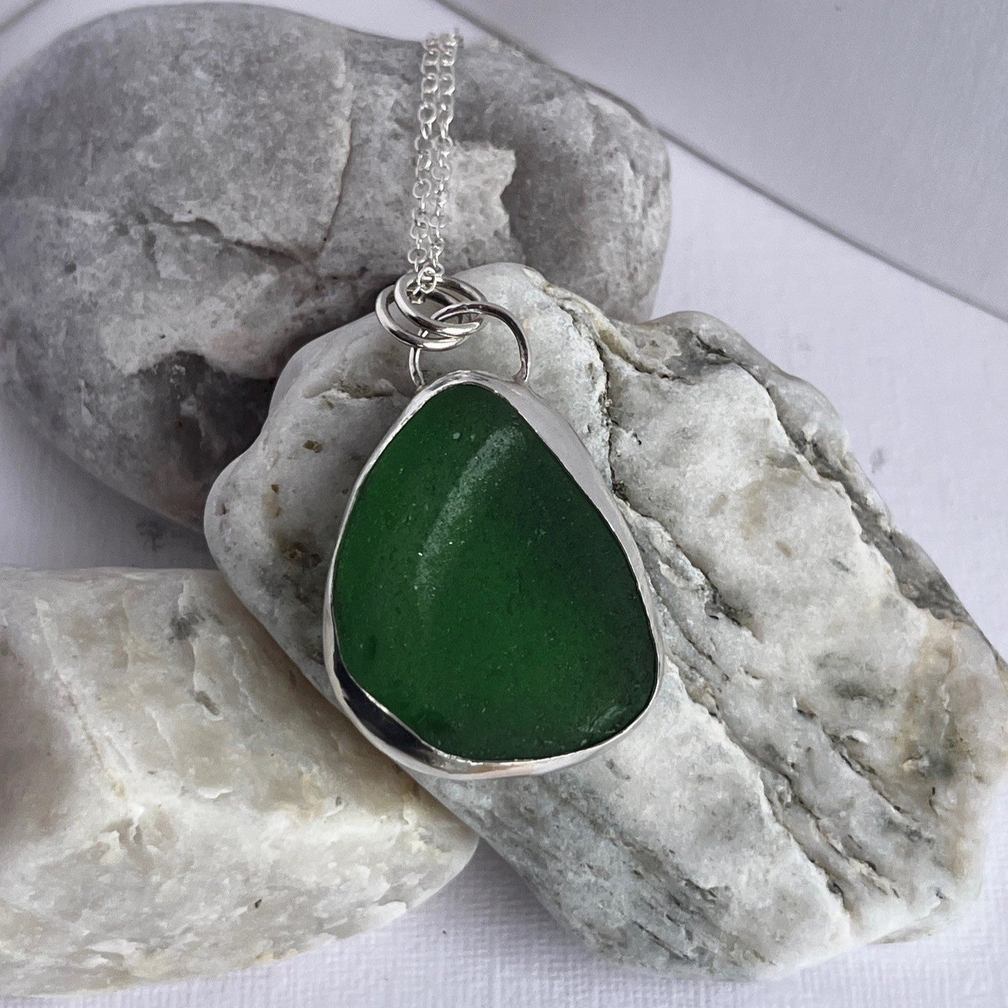 Apple Green and Sterling Silver Seaglass Pendant Necklace