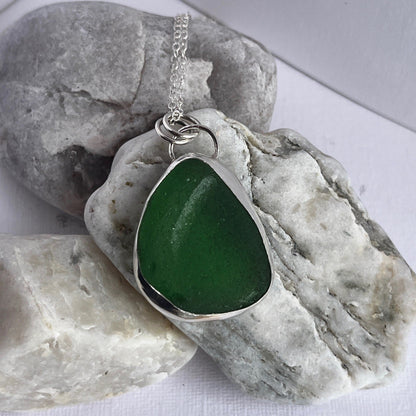 Apple Green and Sterling Silver Seaglass Pendant Necklace