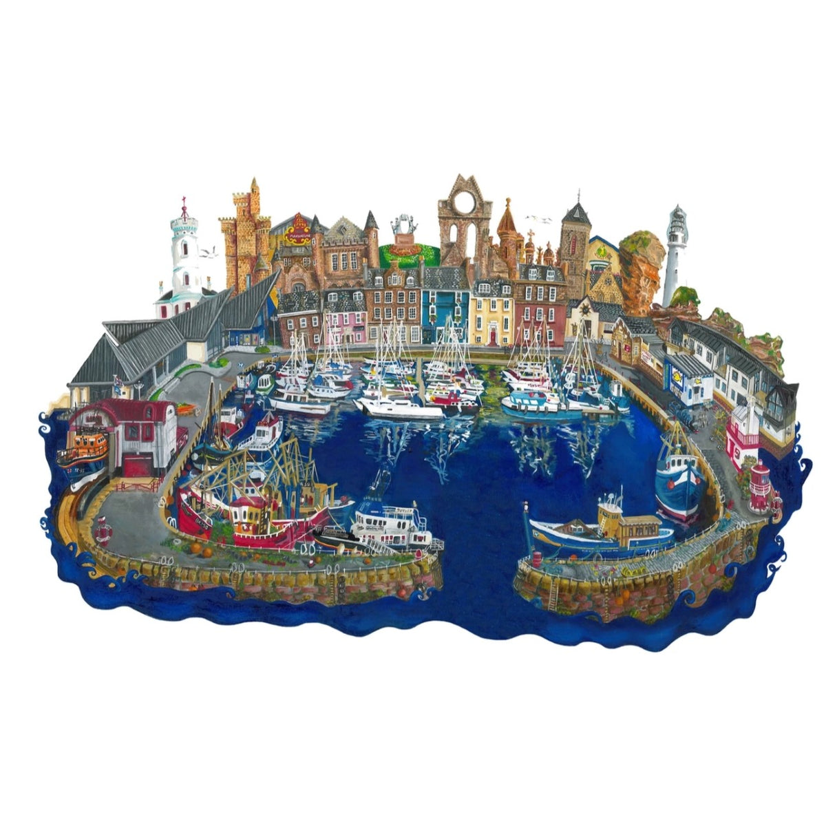 Colourful signed A3 giclée print of Arbroath Harbour and its coastal buildings by Scottish artist Nicola Kleppang.