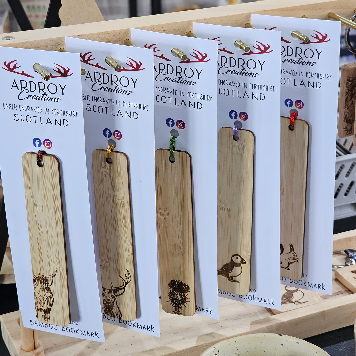 Scottish bamboo bookmarks by Ardroy Creations with Highland Coo, Stag, Thistle, Puffin and Red Squirrel designs