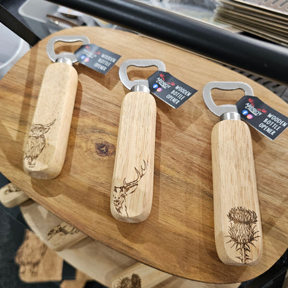 Scottish wooden bottle openers by Ardroy Creations with stainless steel hardware and Highland Coo, Stag or Thistle design