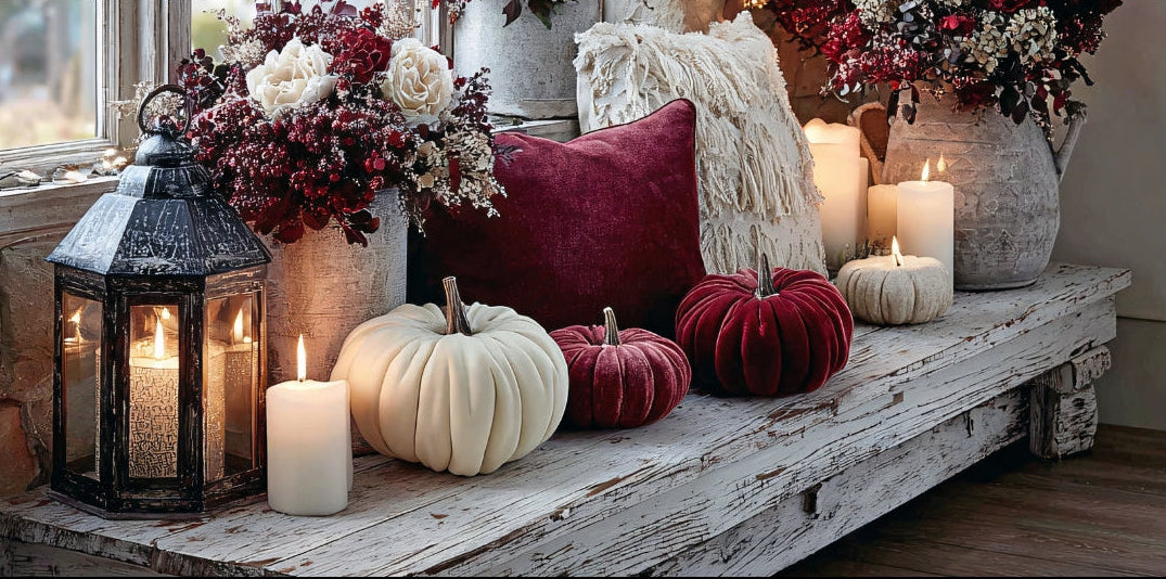 A styled autumn tabletop scene with white and red pumpkins, a deep burgundy pillow, a cream throw blanket, candles, and floral arrangements on a distressed white wooden bench. A large black lantern glows on the left, and the background is mostly blank white space.