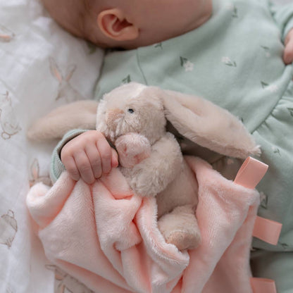 Super soft beige bunny comforter blanket made from recycled materials with a cuddly bunny character
