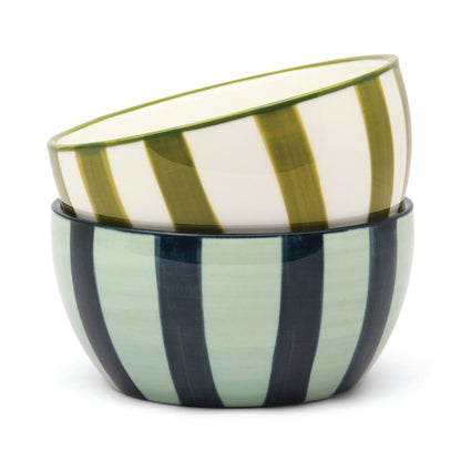 Small ceramic dipping bowls by 'here's how' in sleek, modern Olive + Blue striped colour combinations 