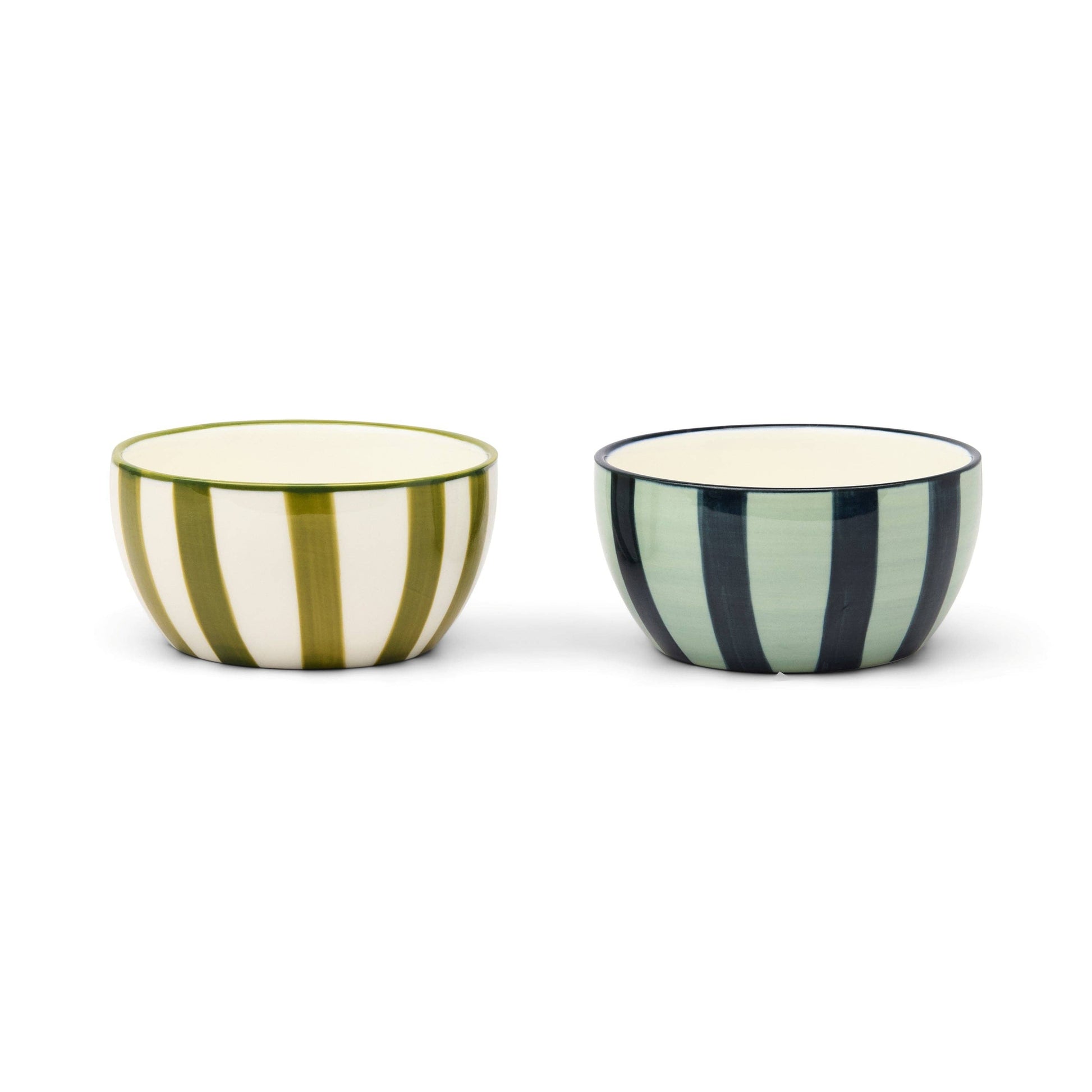 Small ceramic dipping bowls by 'here's how' in sleek, modern Olive + Blue striped colour combinations 