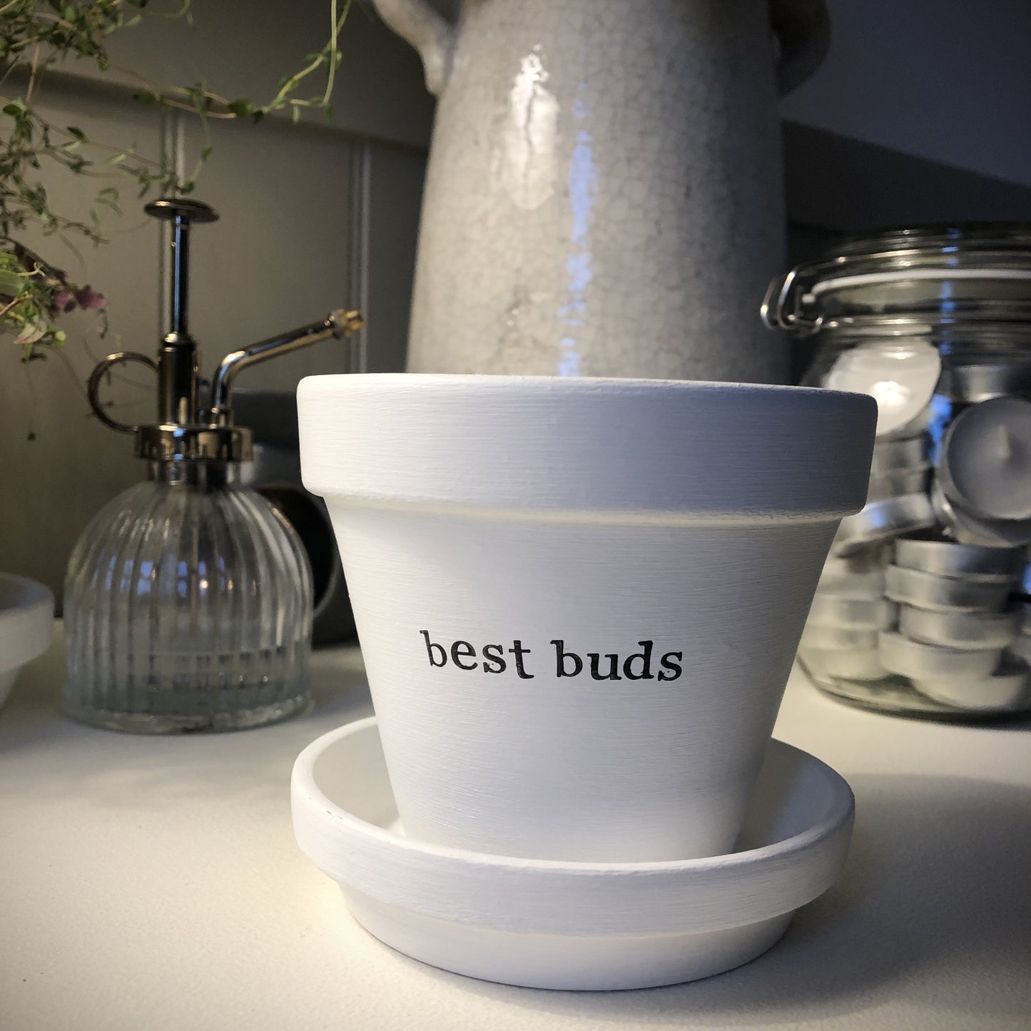 White painted terracotta pot with the text 'best buds' on it, with matching saucer
