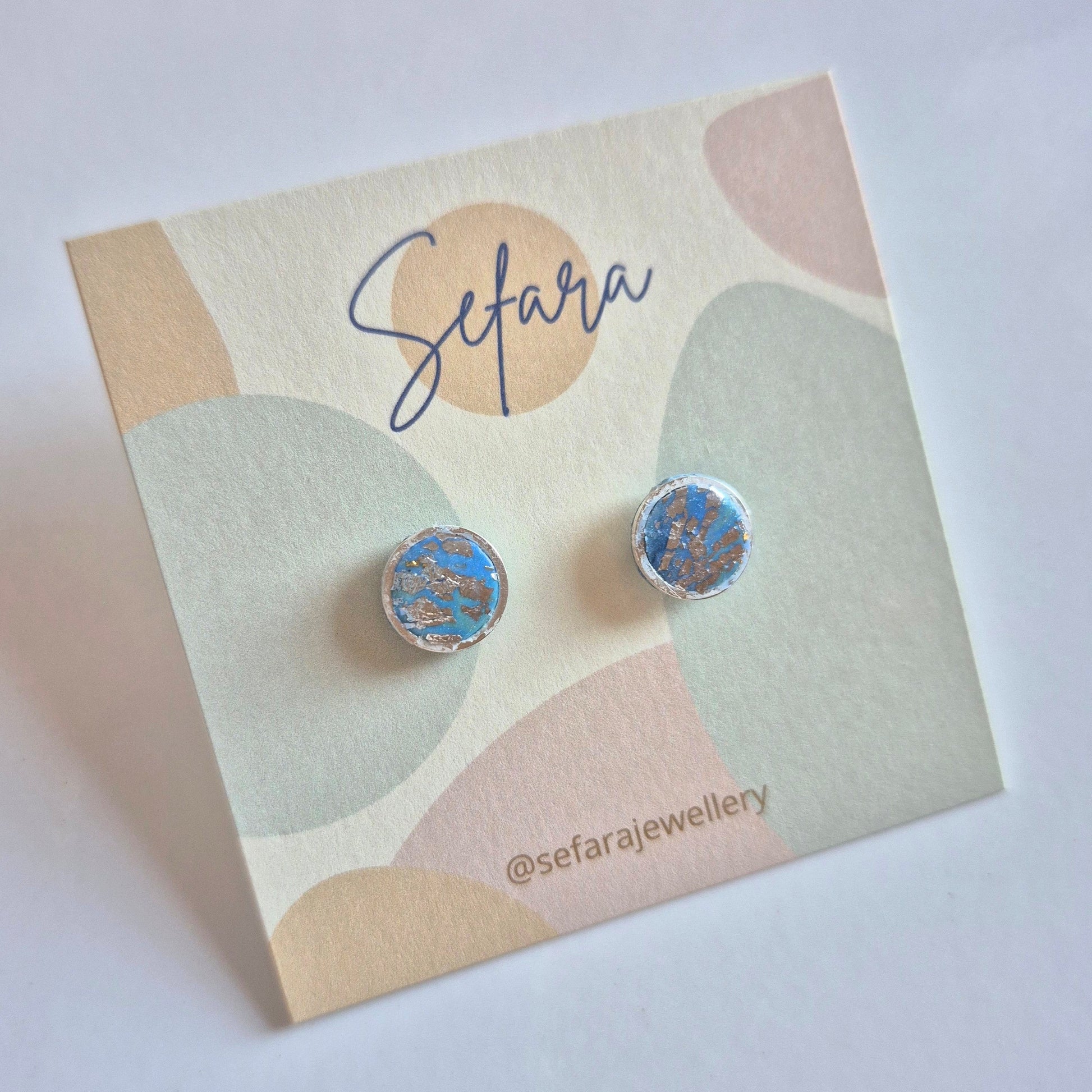 Sefara bezel stud earrings blue with silver leaf crackle effect handmade jewellery