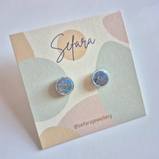Sefara bezel stud earrings blue with silver leaf crackle effect handmade jewellery