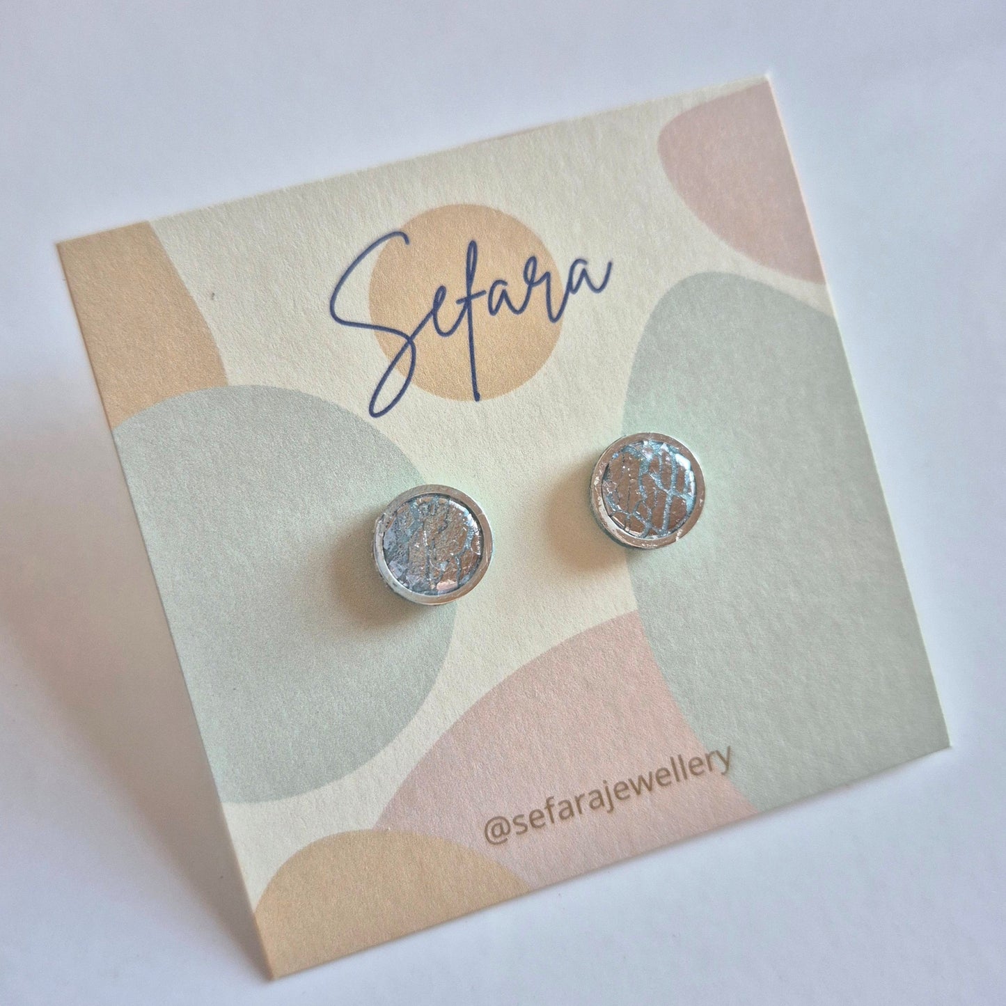 Sefara bezel stud earrings blue with silver leaf crackle effect handmade jewellery