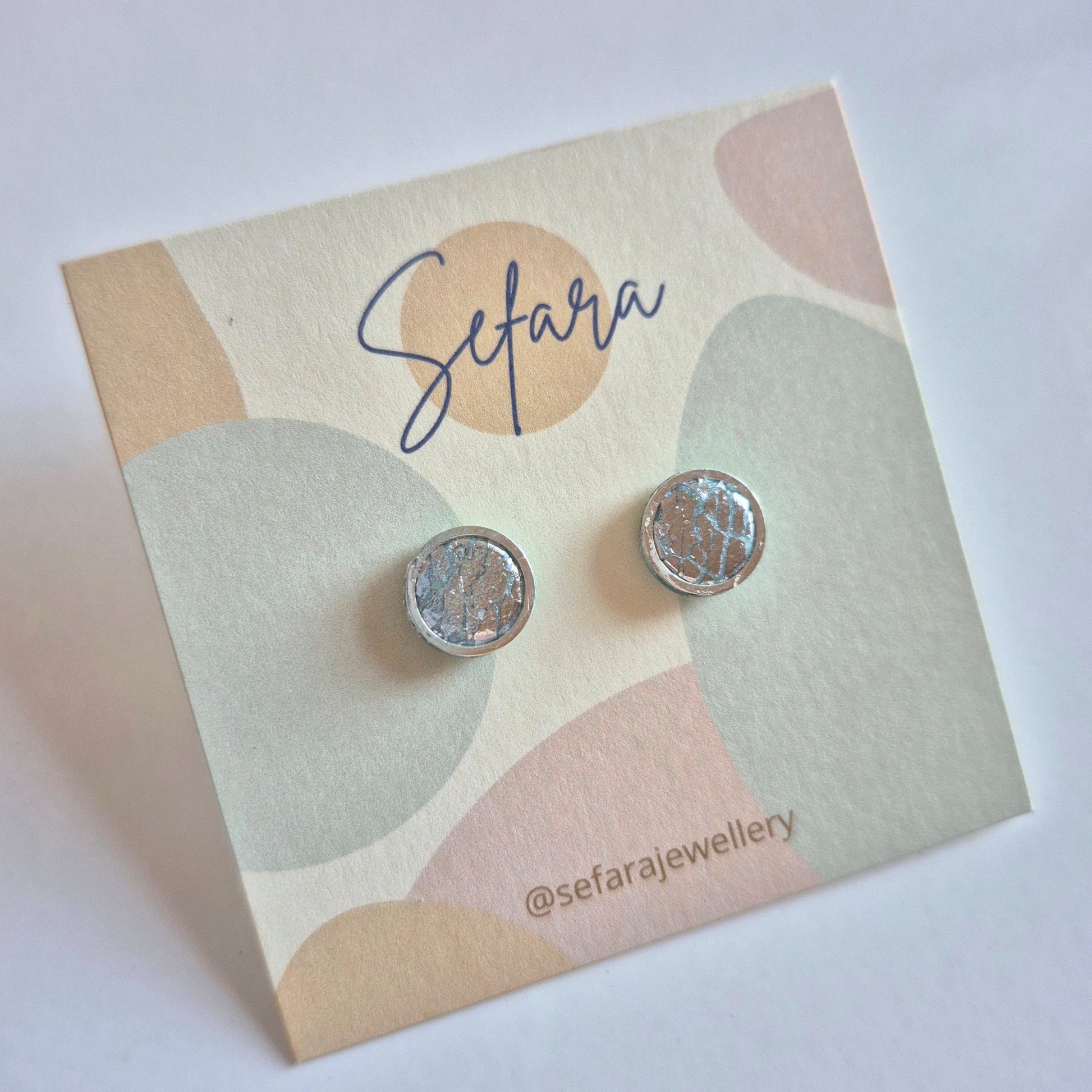 Sefara bezel stud earrings blue with silver leaf crackle effect handmade jewellery