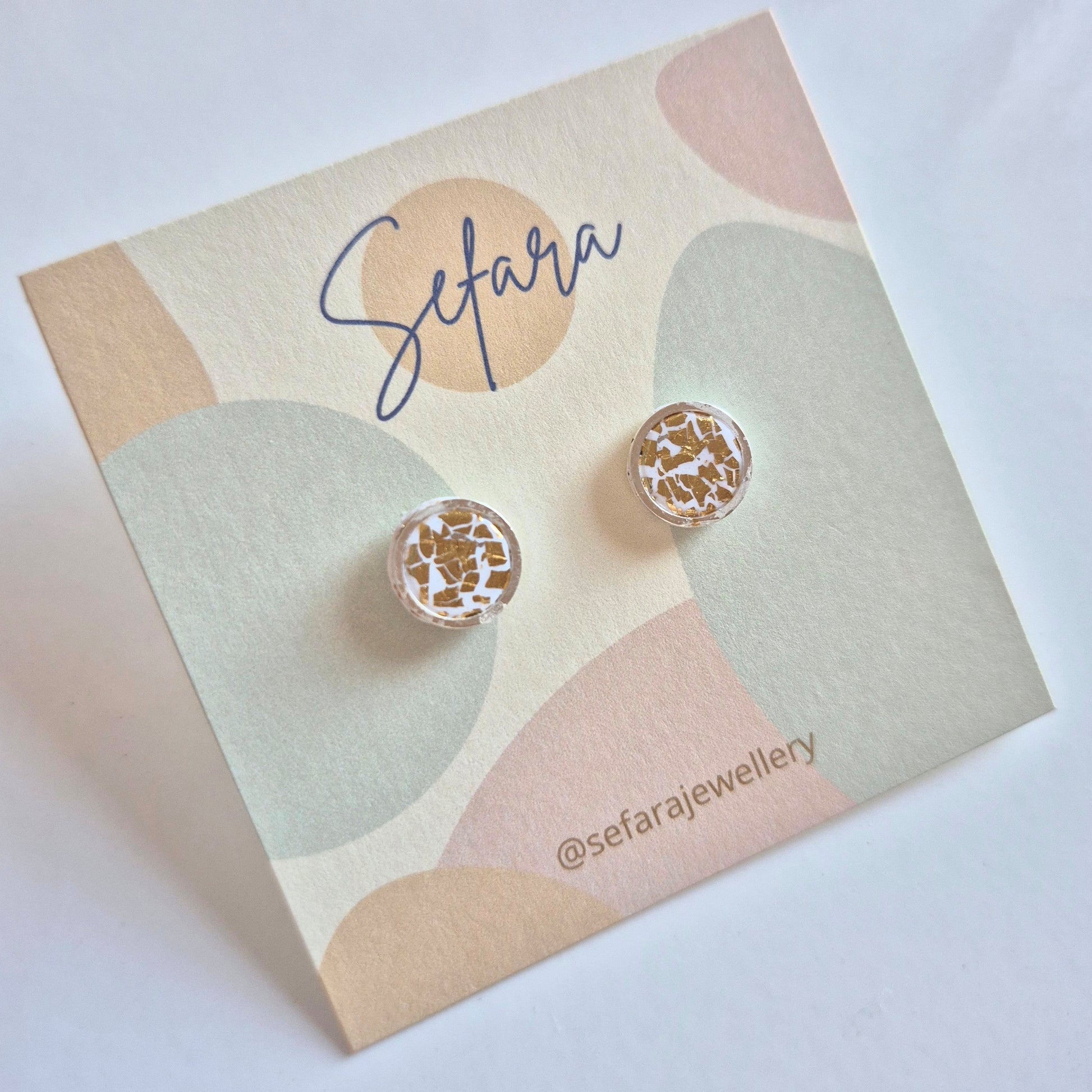 Sefara bezel stud earrings white with gold leaf crackle effect handmade jewellery