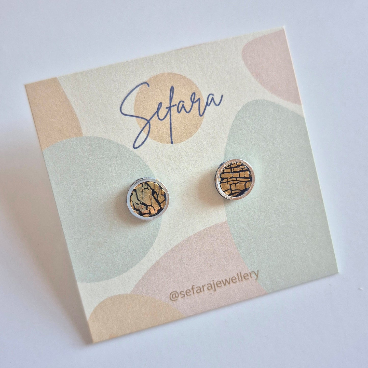 Sefara bezel stud earrings navy with gold leaf crackle effect handmade jewellery
