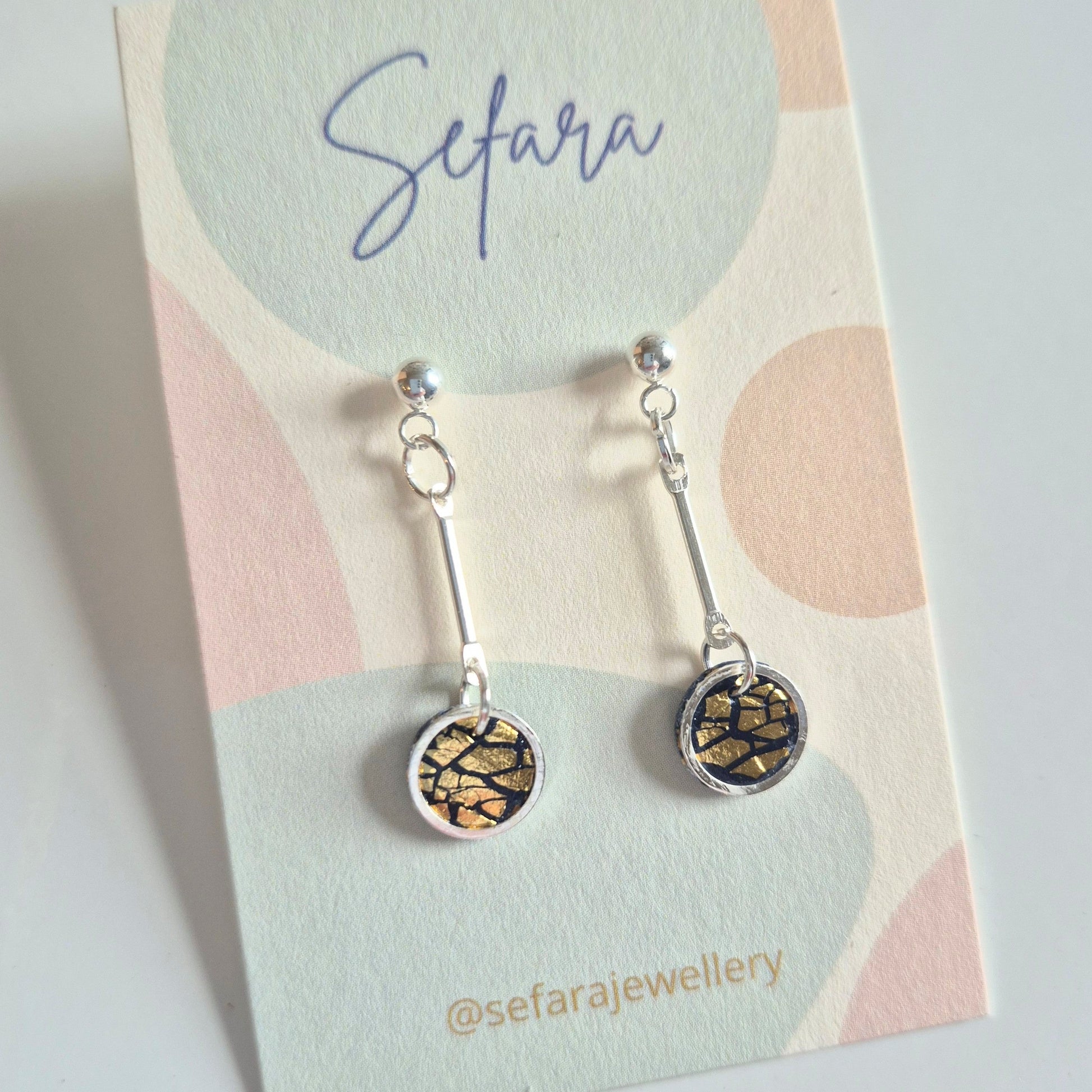 Sefara bezel drop earrings gold leaf crackle effect handmade jewellery