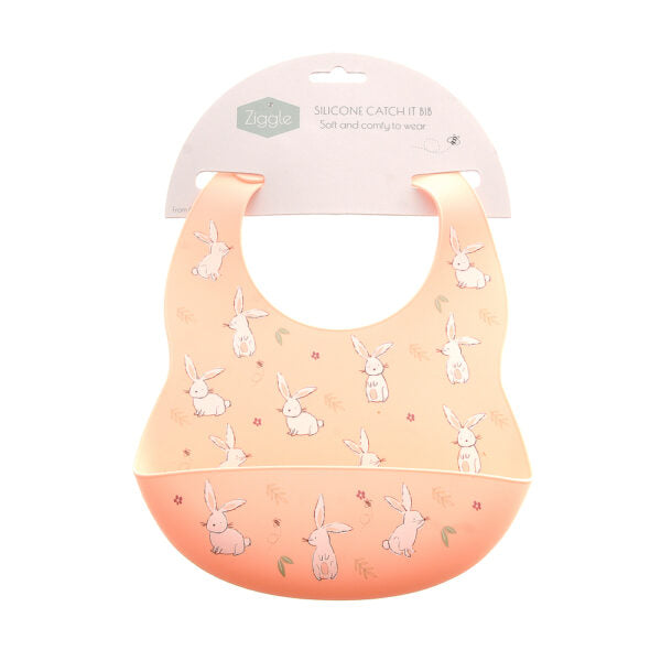 Catch It silicone baby bib by Ziggle with food pocket BPA free available in Bunnies design