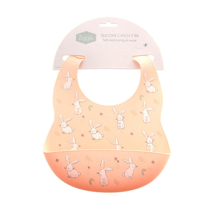 Catch It silicone baby bib by Ziggle with food pocket BPA free available in Bunnies design