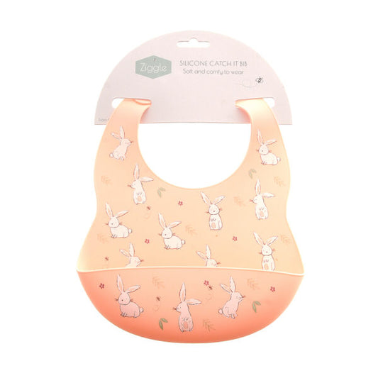 Catch It silicone baby bib by Ziggle with food pocket BPA free available in Bunnies design