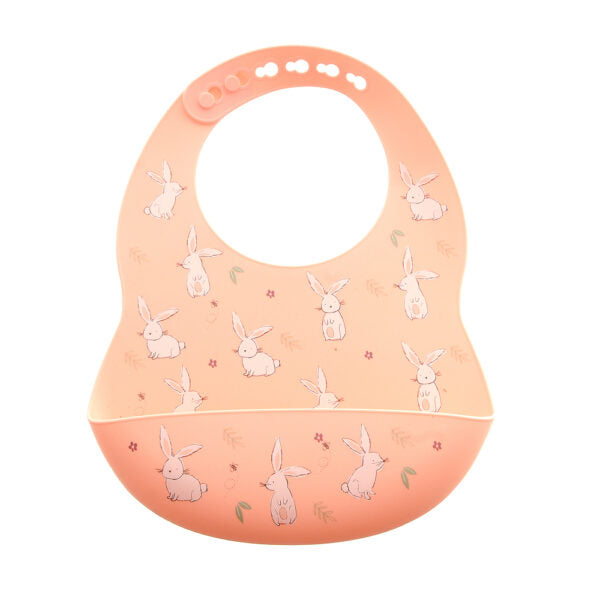 Catch It silicone baby bib by Ziggle with food pocket BPA free available in Bunnies design