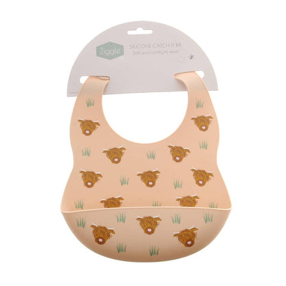 Catch It silicone baby bib by Ziggle with food pocket BPA free available in
Highland Cow design